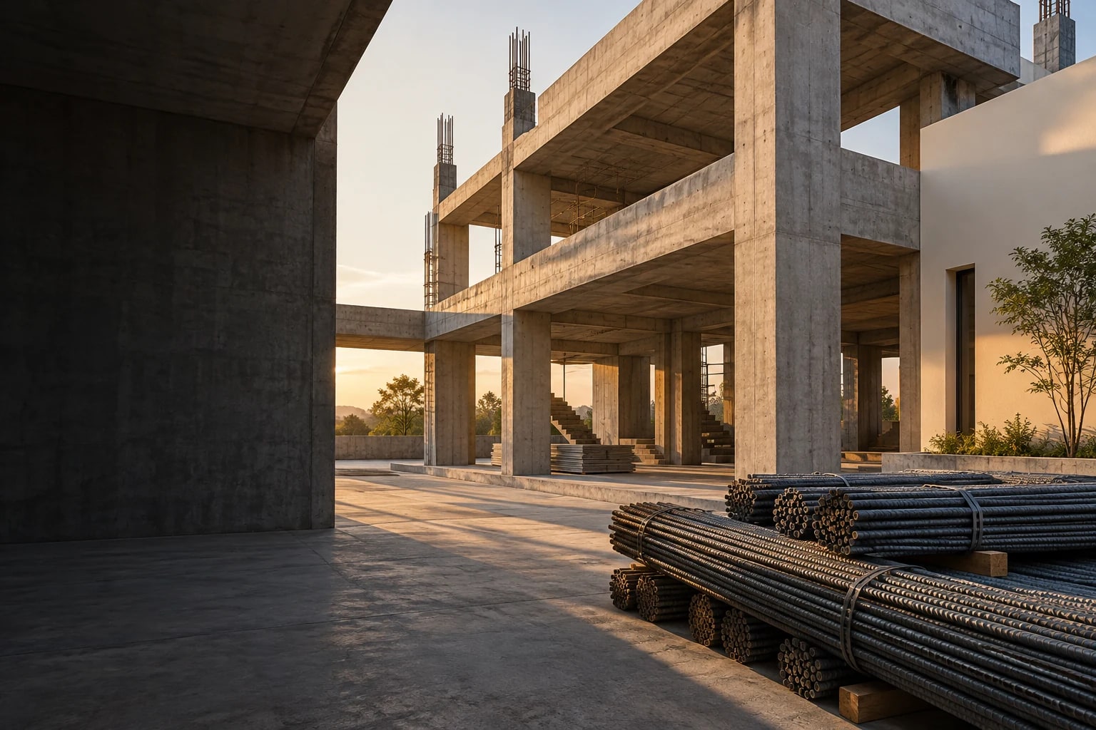Architectural concrete structure with reinforcement steel and finished plaster surfaces